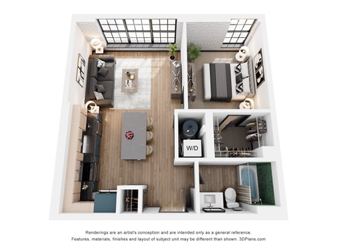 A 3D floor plan of a small apartment with a kitchen, living room, and bathroom.